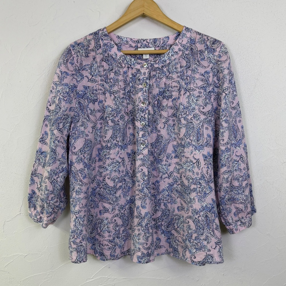 J Jill Love Linen Paisley Blouse Womens Large Petite Pink Blue Floral Boho